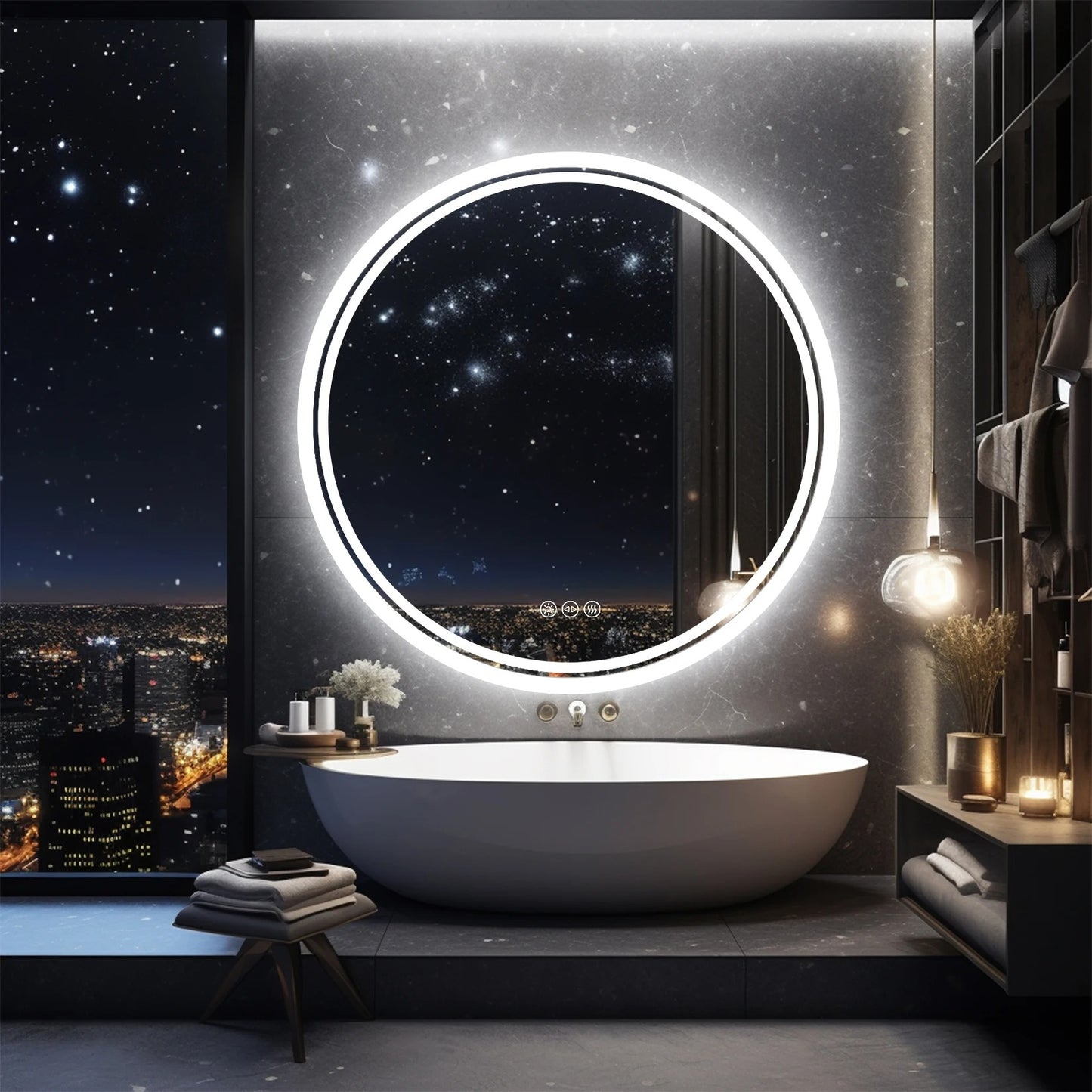 Round Double Lights LED Bathroom Smart Make up Mirror Dimmable, Anti-Fog Circle Wall Mounted Mirror