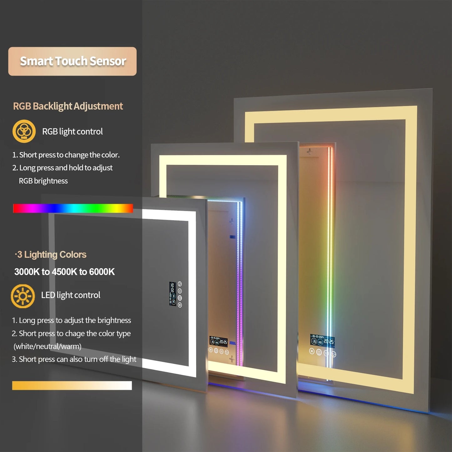 Smart Rectangle Glitzy RGB LED Bathroom Mirror With Bluetooth Speakers, Double Light LED Bathroom Mirror Anti-Fog