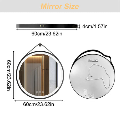 Black Frame with leather rope Round Bathroom Mirror with Front Light,Wall Mounted Lighted Vanity Mirror, Anti-Fog & Dimmable