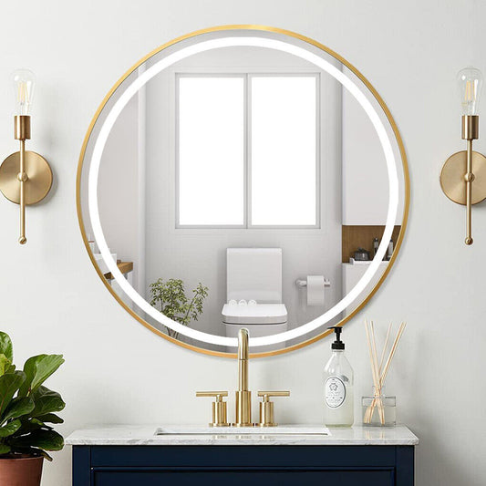 Golden Frame Round Mirror,Bathroom Mirror with Front Light,Wall Mounted Lighted Vanity Mirror, Anti-Fog & Dimmable Touch Switch