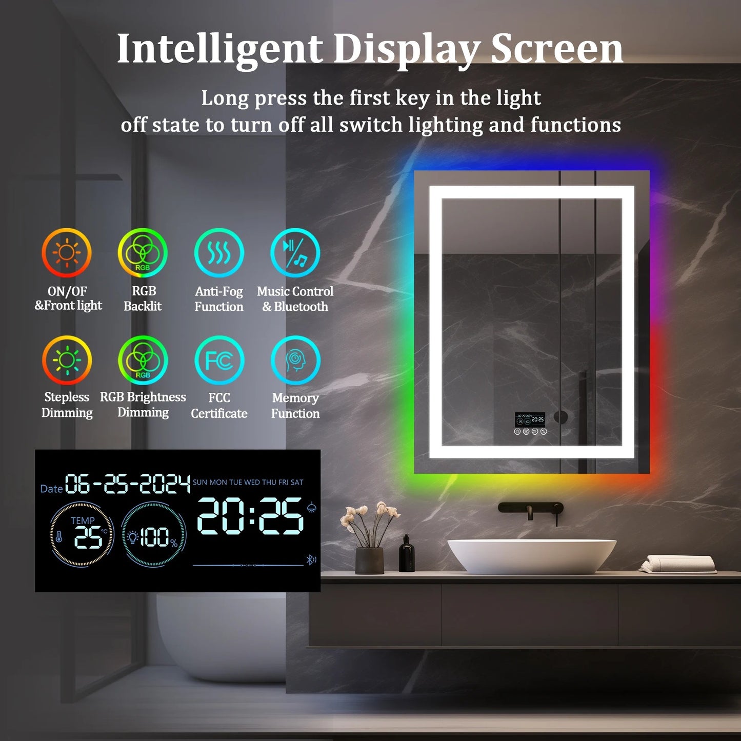 Smart Rectangle Glitzy RGB LED Bathroom Mirror With Bluetooth Speakers, Double Light LED Bathroom Mirror Anti-Fog