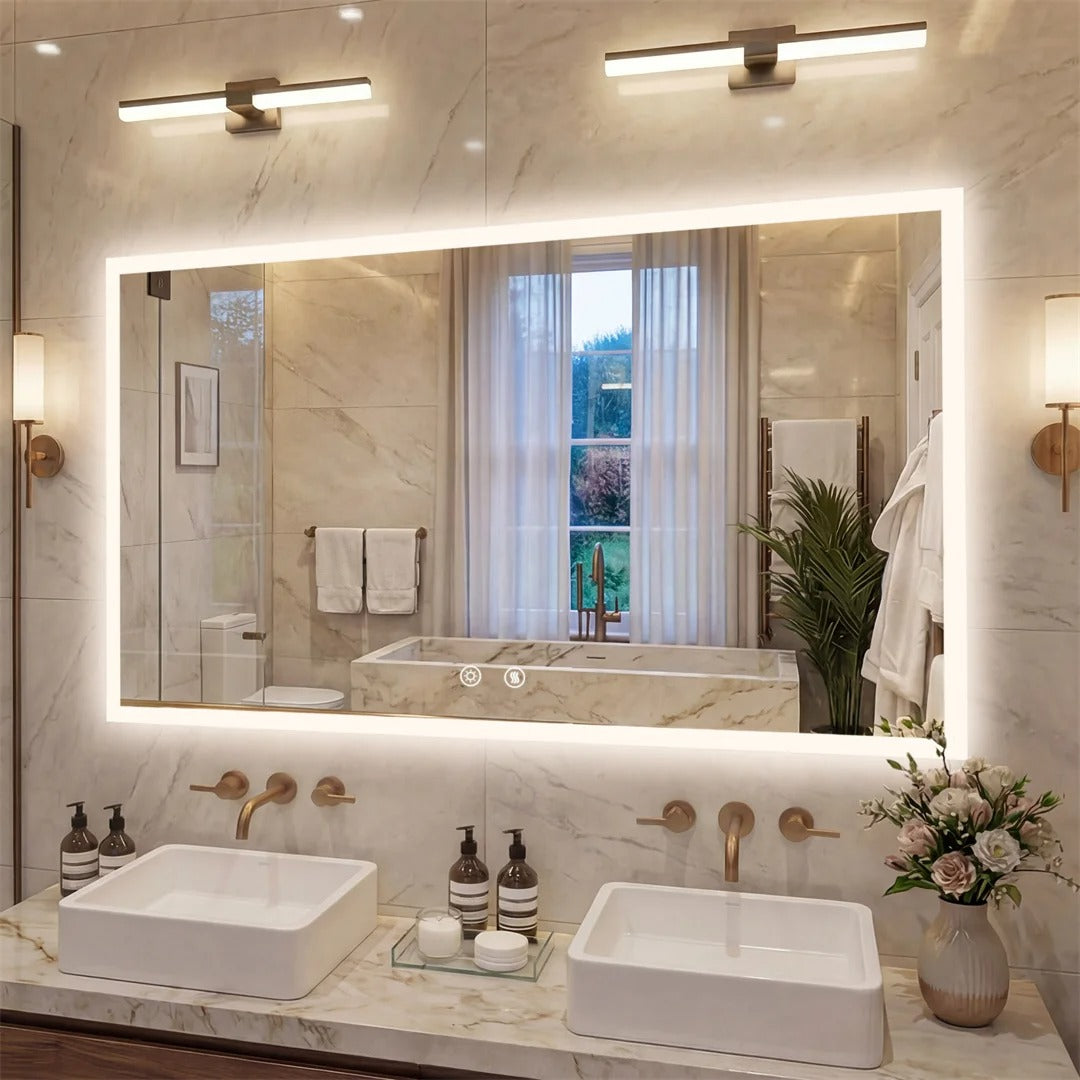 Rectangular Backlit Bathroom Mirror with Anti-Fog - warm lighting above a double vanity
