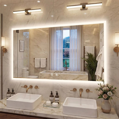 Rectangular Backlit Bathroom Mirror with Anti-Fog - warm lighting above a double vanity