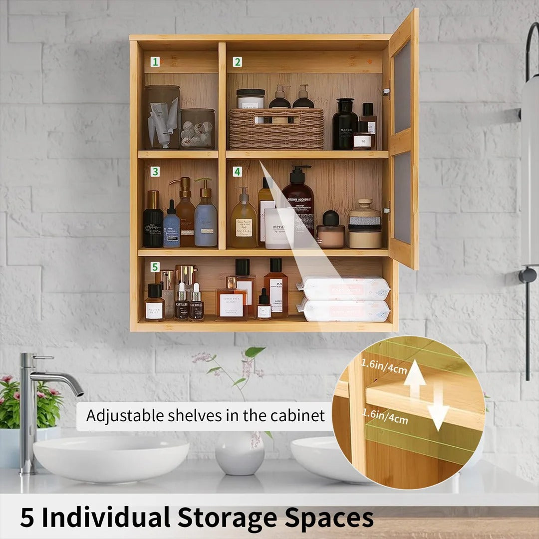 Bamboo Bathroom Mirror Cabinet with Adjustable Shelves – 55.5 × 61 cm