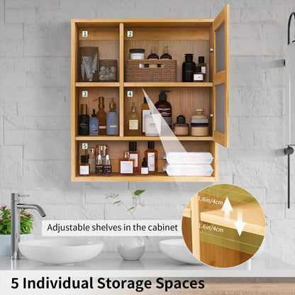 Bamboo Bathroom Mirror Cabinet with Adjustable Shelves – 55.5 × 61 cm