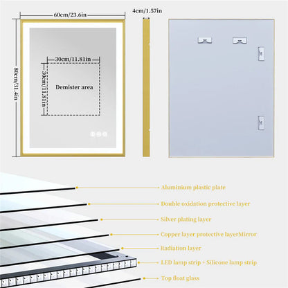 Rectangle Golden Aluminum Alloy Frame Front Light LED Smart Bathroom Illumination Mirror, Wall Mounted, Anti-Fog