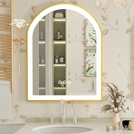Arched Gold Aluminum Frame Front-lit Arched Gold Aluminum Frame LED Illuminated Bathroom Smart Mirror, 3 Colors Dimming, Defog and Memory Function