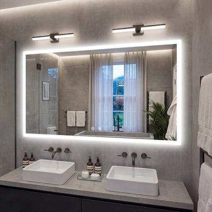 Rectangular Backlit Bathroom Mirror with Anti-Fog - mirror above two inset basins
