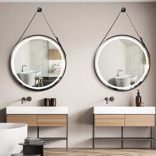 Black Frame with rope Round Mirror,Bathroom Mirror with Front Light,Wall Mounted Lighted Vanity Mirror, Anti-Fog & Dimmable
