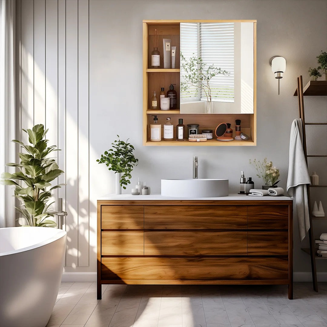 Bamboo Bathroom Mirror Cabinet with Adjustable Shelves – 55.5 × 61 cm
