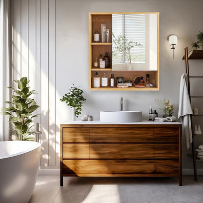 Bamboo Bathroom Mirror Cabinet with Adjustable Shelves – 55.5 × 61 cm