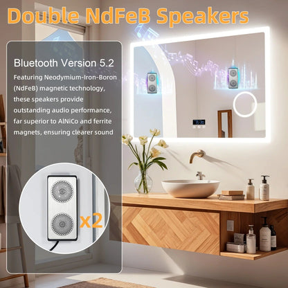 Rectangle Bluetooth LED Bathroom Mirror – Anti-Fog Large Vanity Mirror with 3X Magnifier, Dimmable Touch Light, Date & Time Display