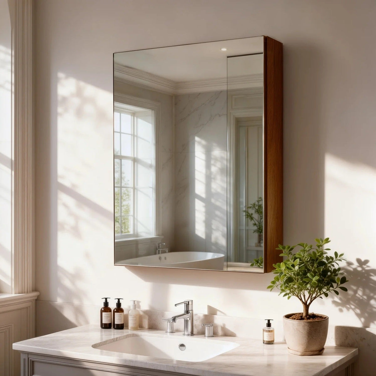 Walnut-Effect Bathroom Mirror Cabinet with Sensor Light – 4 Sizes