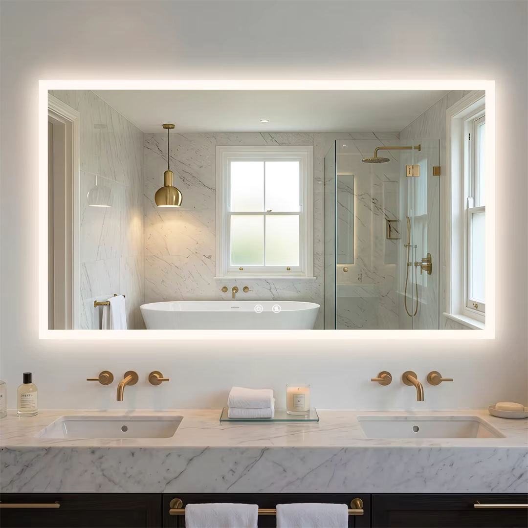 Rectangular Backlit Bathroom Mirror with Anti-Fog - illuminated mirror above inset basins