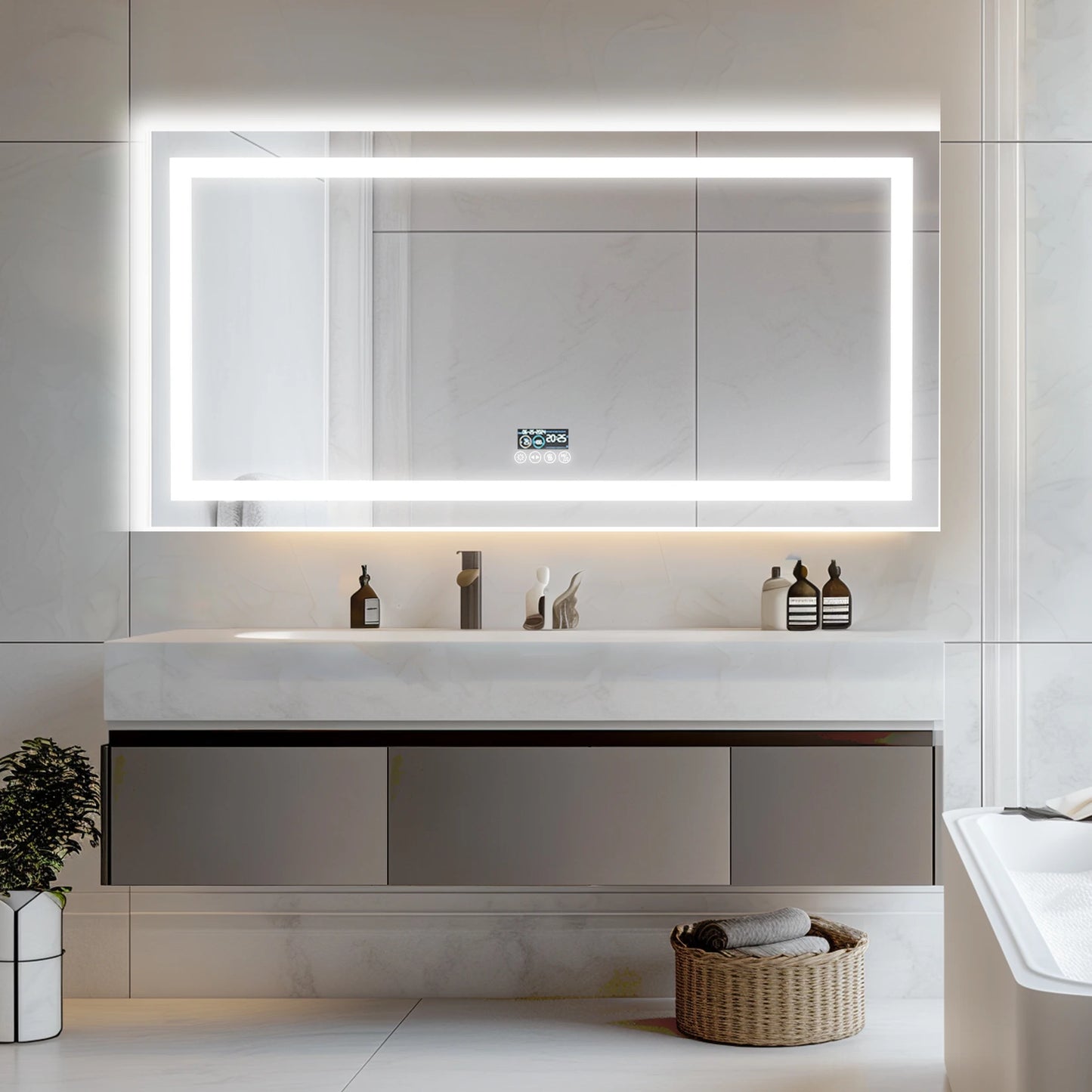 New Generation Smart Bathroom Mirror, Extra Large Rectangle Vanity Mirror with Dual Lights, Anti-Fog, Bluetooth Speakers, 3 Colors Temperature & Dimmable