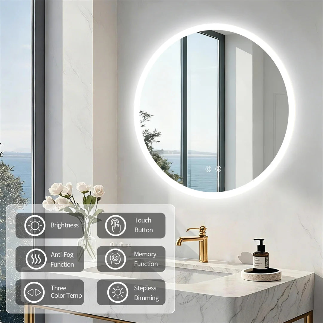 Backlit Round LED Bathroom Mirror, Dimmable Anti-Fog Waterproof Vanity Mirror
