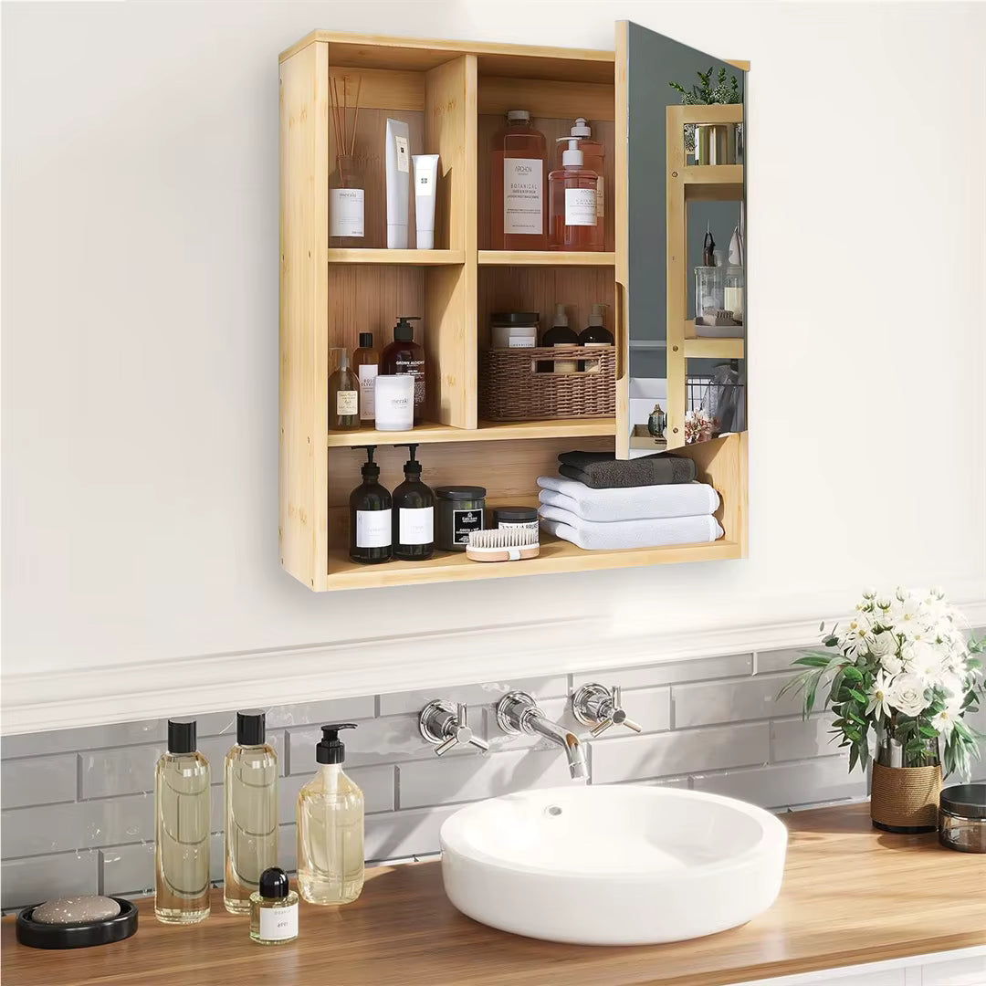Bamboo Bathroom Mirror Cabinet with Adjustable Shelves – 55.5 × 61 cm