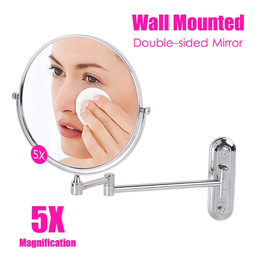Round Wall-Mounted Magnifying Mirror with Extendable Arm – 5X or 10X