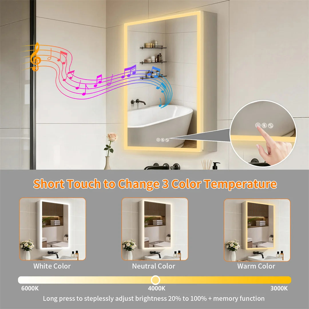 Smart LED Bathroom Mirror Cabinet with Bluetooth Speaker, Music Control, Anti-fog,Front Light