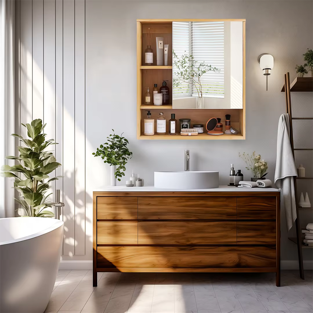 Bamboo Bathroom Mirror Cabinet with Adjustable Shelves – 55.5 × 61 cm