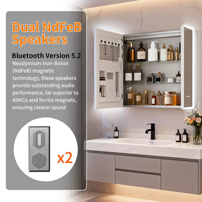 Luxury LED Mirror Cabinet with Dual Bluetooth Speakers & Anti-Fog - dual speaker feature graphic