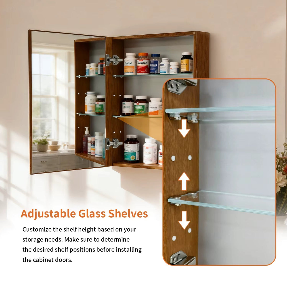 Walnut-Effect Bathroom Mirror Cabinet with Sensor Light – 4 Sizes