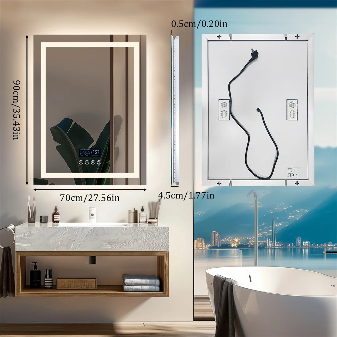 Smart Rectangle Bluetooth Bathroom Mirror with Time & Temperature Display, Dimmable LED, Anti-Fog, and Built-in Speaker