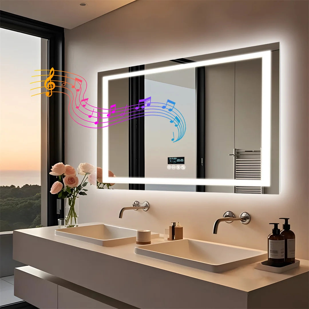 Rectangle Bluetooth Smart Bathroom Mirror  Illuminated Defog with Speakers and Time/Date/Temperature Display