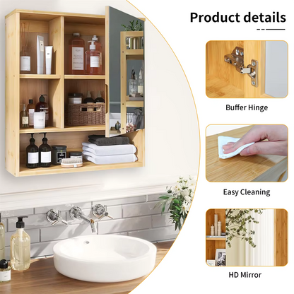 Bamboo Bathroom Mirror Cabinet with Adjustable Shelves – 55.5 × 61 cm
