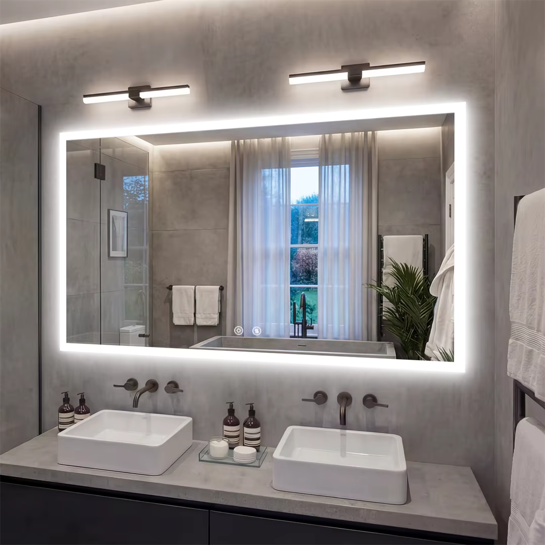Rectangular Backlit Bathroom Mirror with Anti-Fog - mirror beneath bathroom wall lights