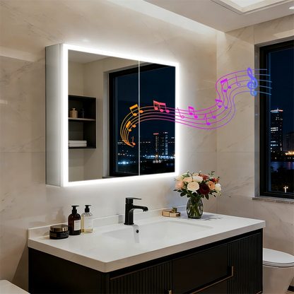 Luxury LED Mirror Cabinet with Dual Bluetooth Speakers & Anti-Fog - cabinet and Bluetooth music illustration