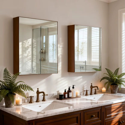 Walnut-Effect Bathroom Mirror Cabinet with Sensor Light – 4 Sizes