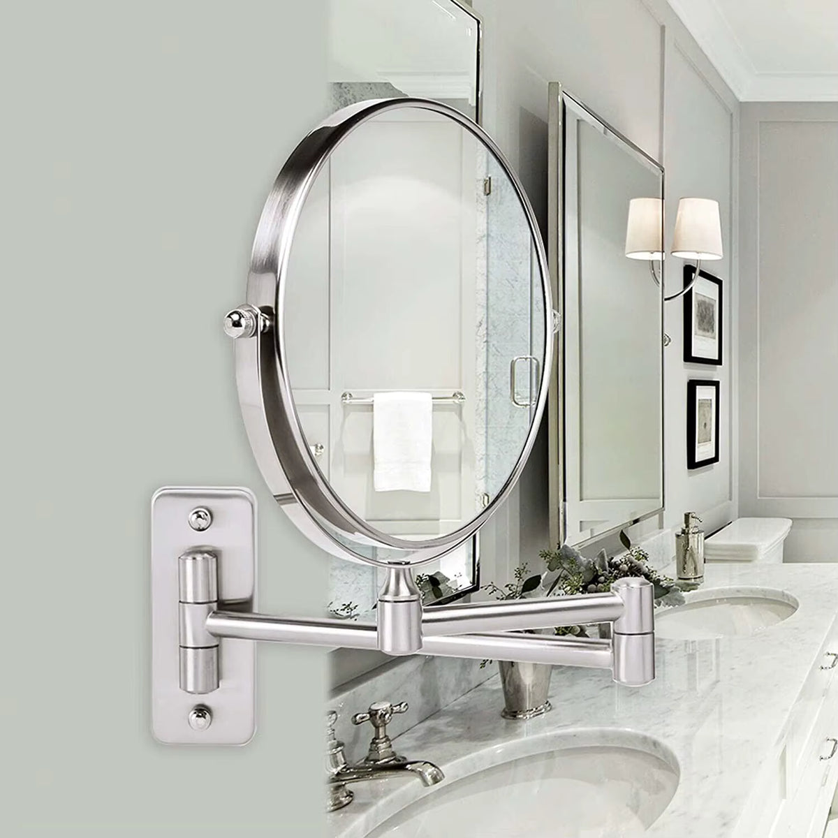 Round Wall-Mounted Magnifying Mirror with Extendable Arm – 5X or 10X