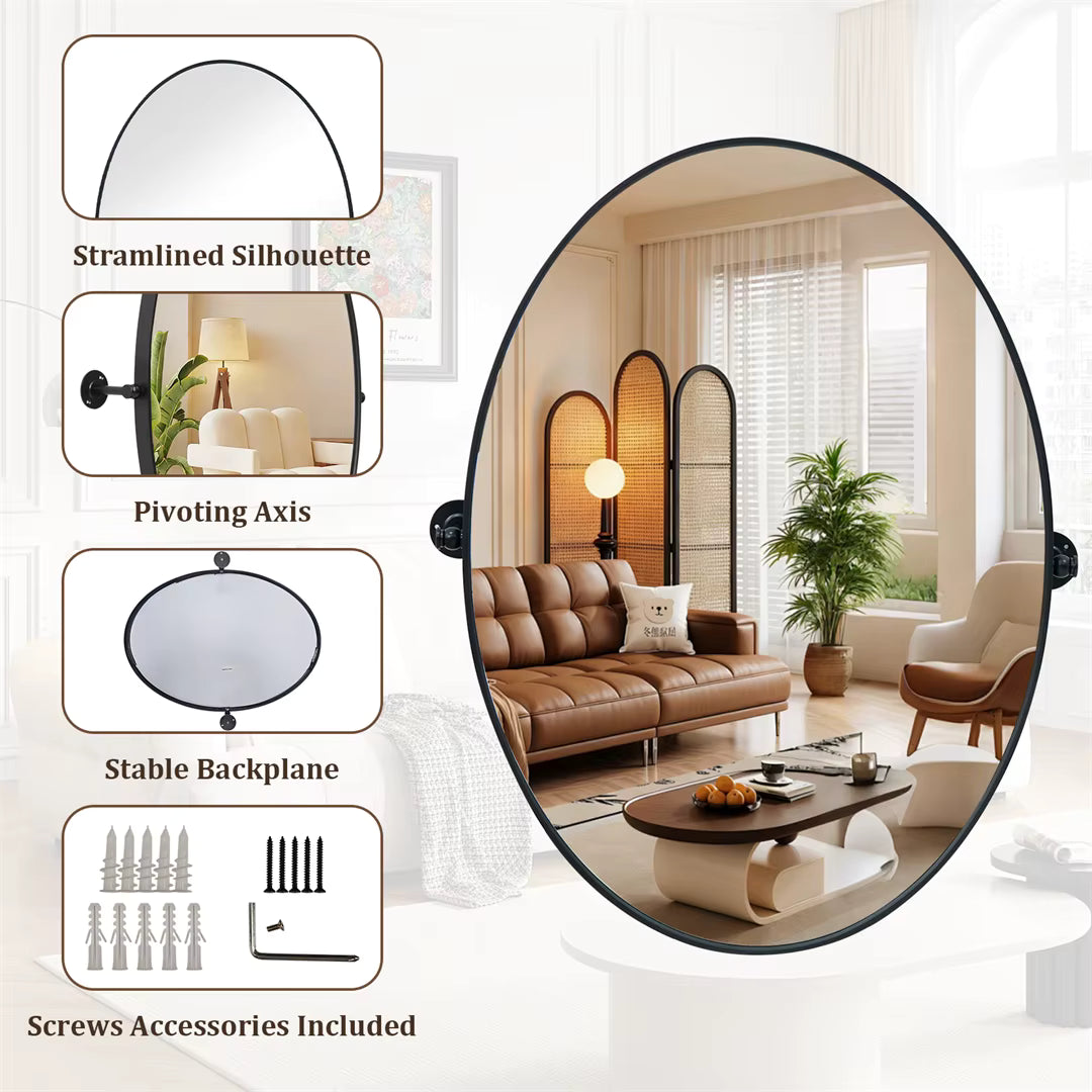 Black Oval Pivot Bathroom Mirror with Adjustable Tilt – 50 × 70 cm