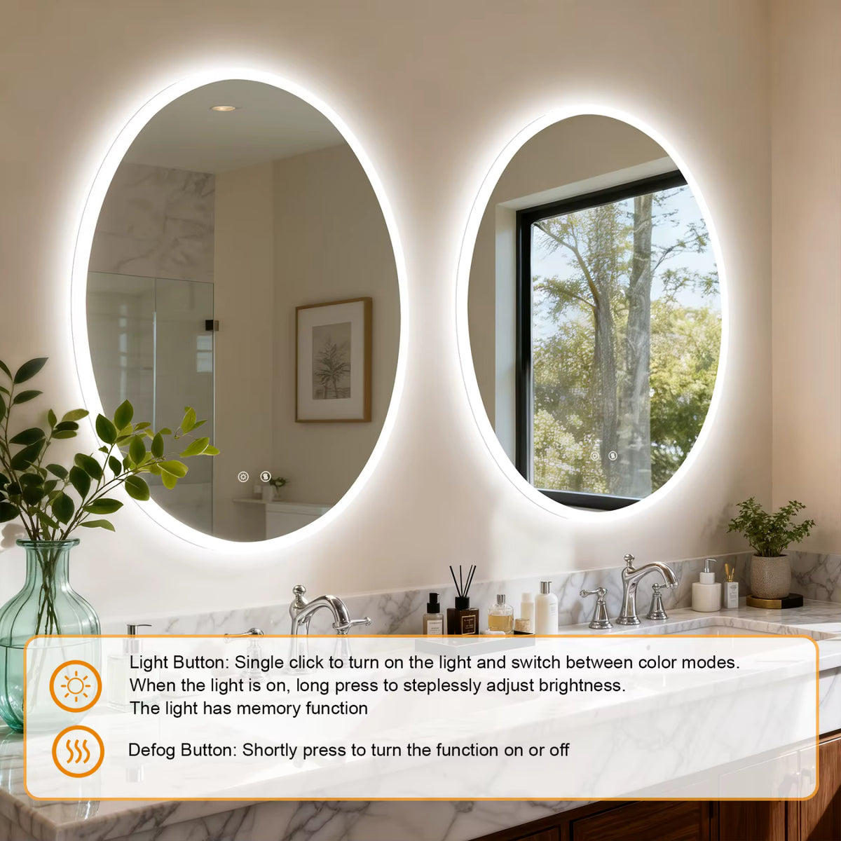 Oval LED Backlit Bathroom Mirror with 3 Color Lighting and Anti-fog