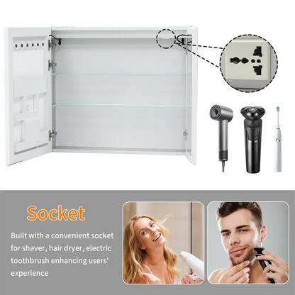 Luxury LED Mirror Cabinet with Dual Bluetooth Speakers & Anti-Fog - internal socket and grooming appliances graphic