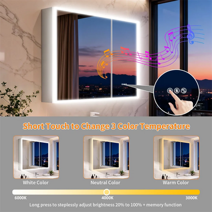Luxury LED Mirror Cabinet with Dual Bluetooth Speakers & Anti-Fog - alternate light colour settings graphic