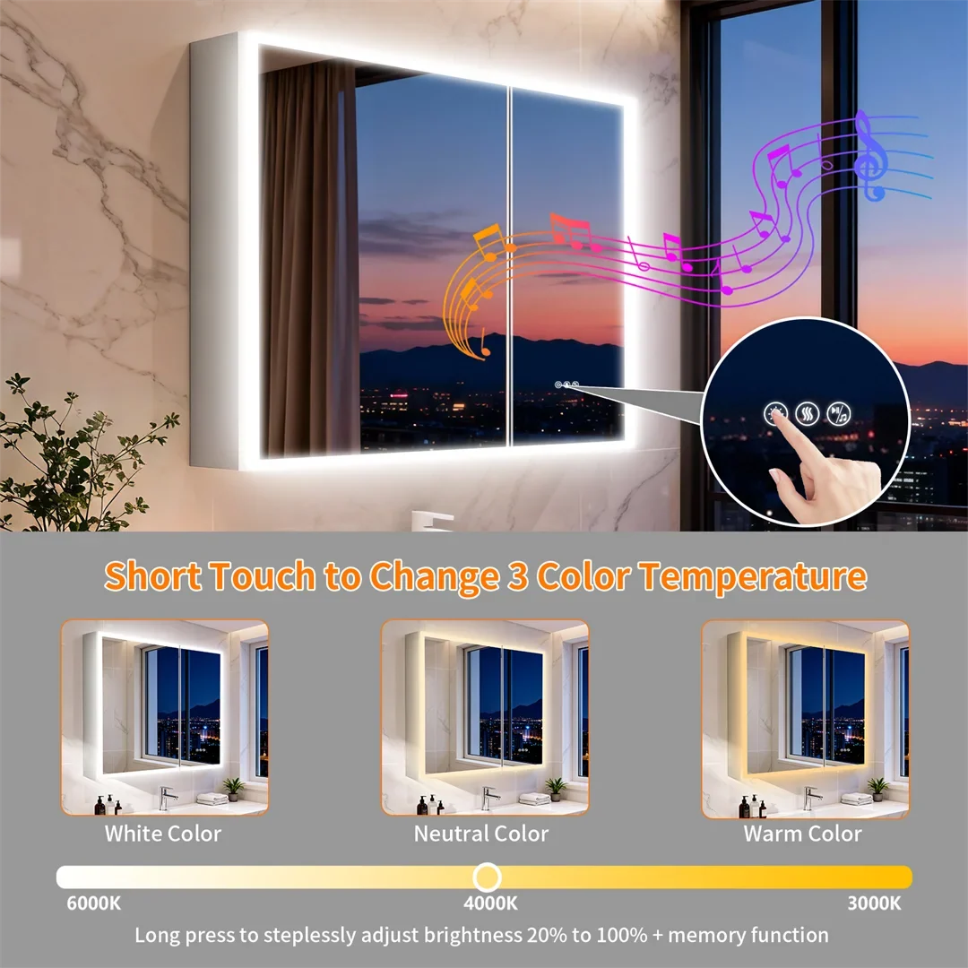 Luxury LED Mirror Cabinet with Dual Bluetooth Speakers & Anti-Fog - touch controls and three light colours