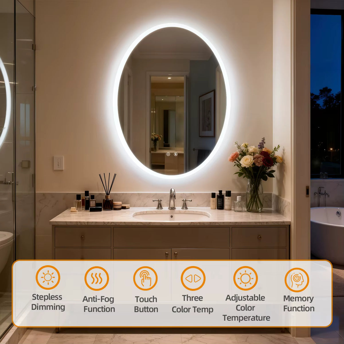 Oval LED Backlit Bathroom Mirror with 3 Color Lighting and Anti-fog