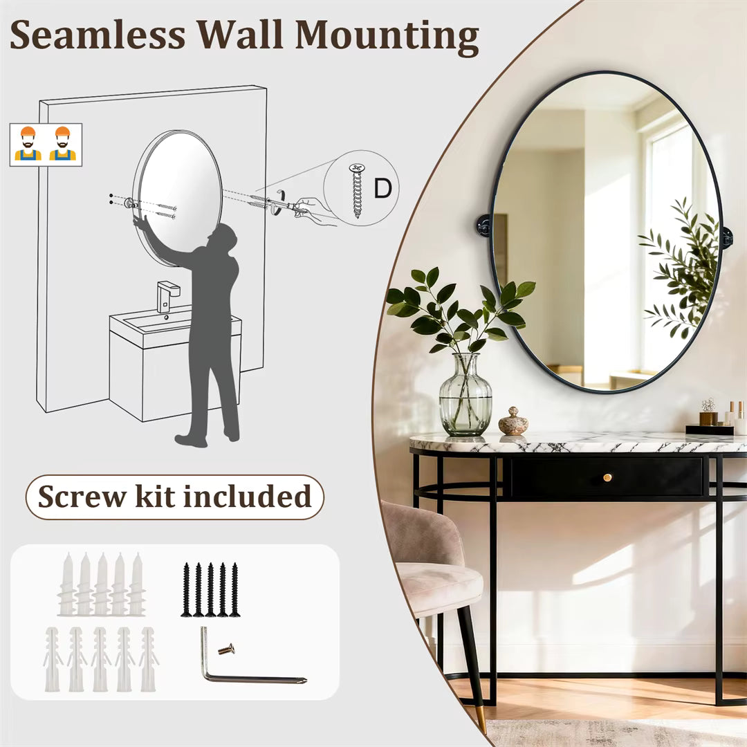 Black Oval Pivot Bathroom Mirror with Adjustable Tilt – 50 × 70 cm