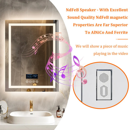 Smart Rectangle Bluetooth Bathroom Mirror with Time & Temperature Display, Dimmable LED, Anti-Fog, and Built-in Speaker