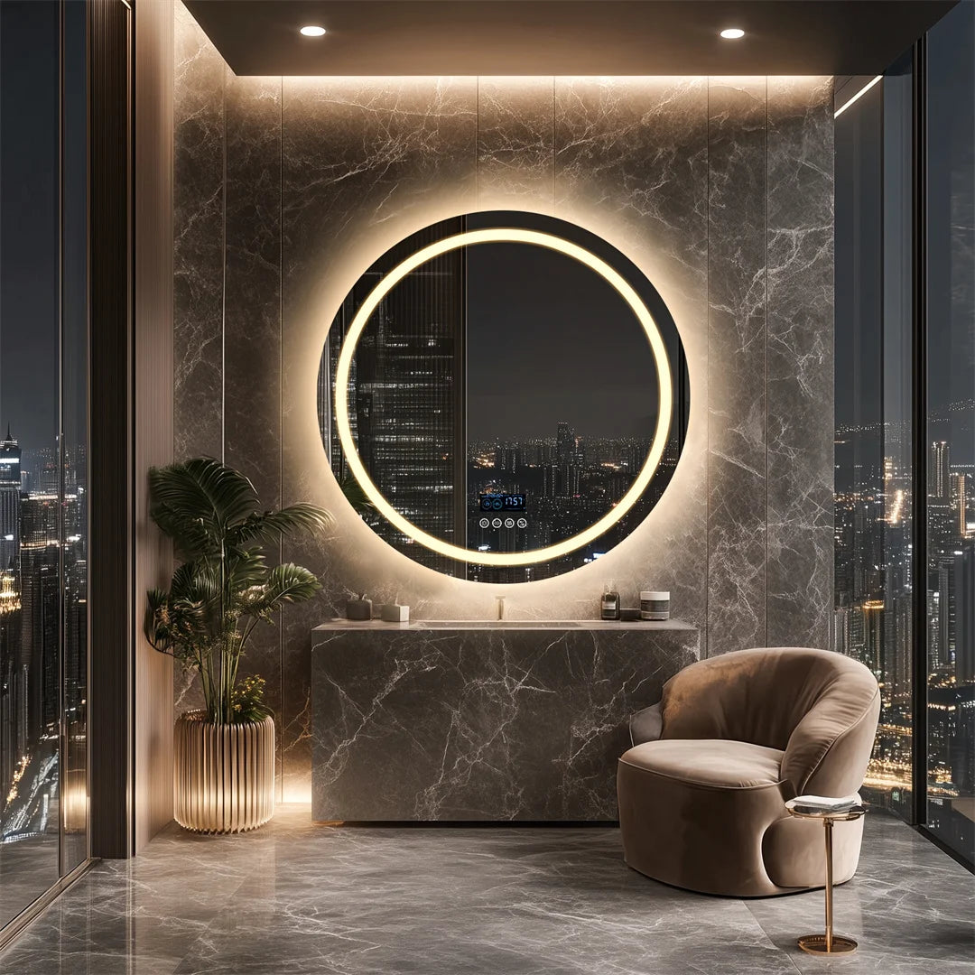 Smart Round Bathroom Mirror with Dual Bluetooth Speakers, Anti-Fog, Time & Temperature Display