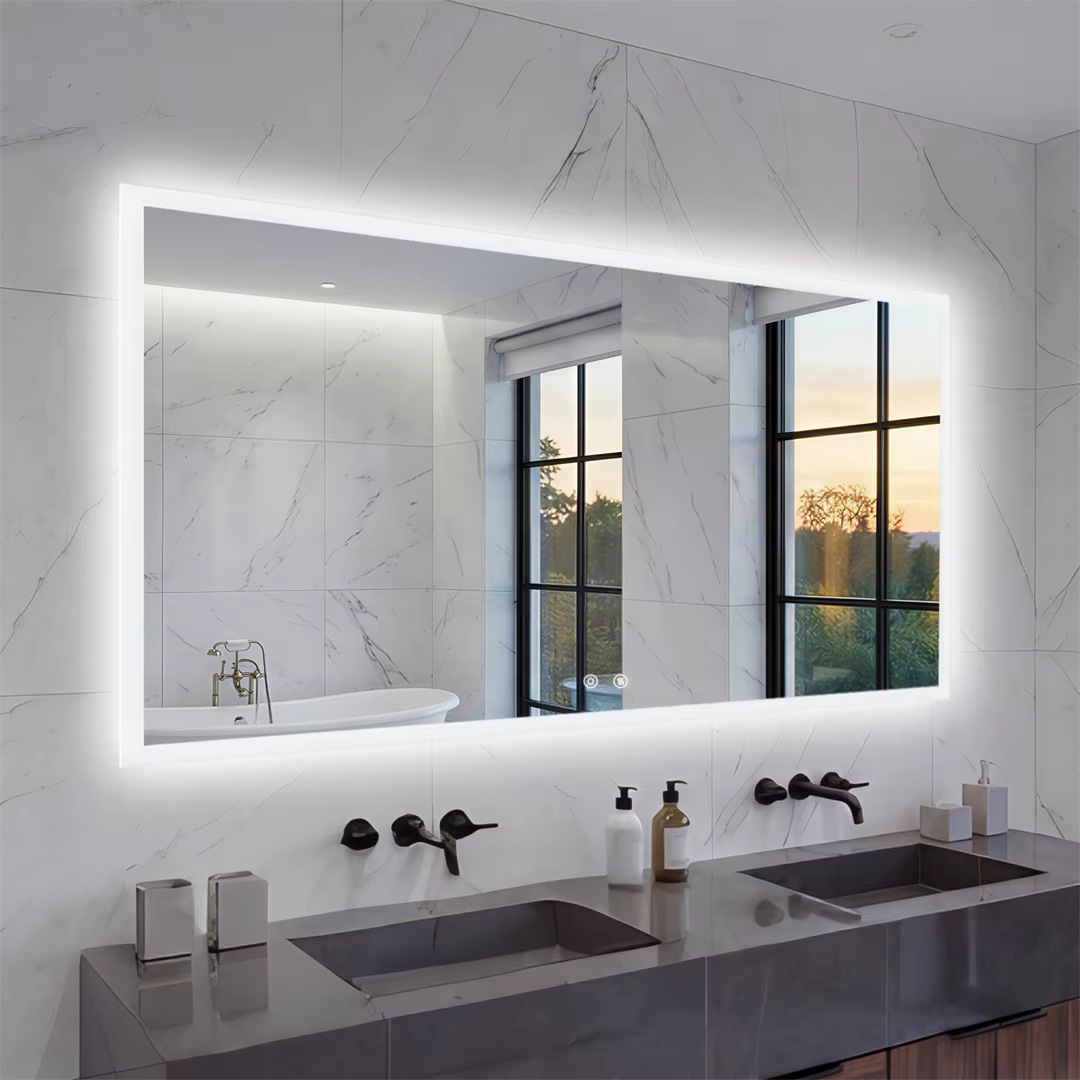 Rectangular Backlit Bathroom Mirror with Anti-Fog - rectangular mirror above a double vanity