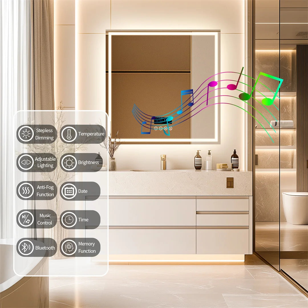 Smart Square Lighted Bathroom Mirror with Bluetooth Speaker, Wall Vanity LED Mirror with Time Date Temperature Display