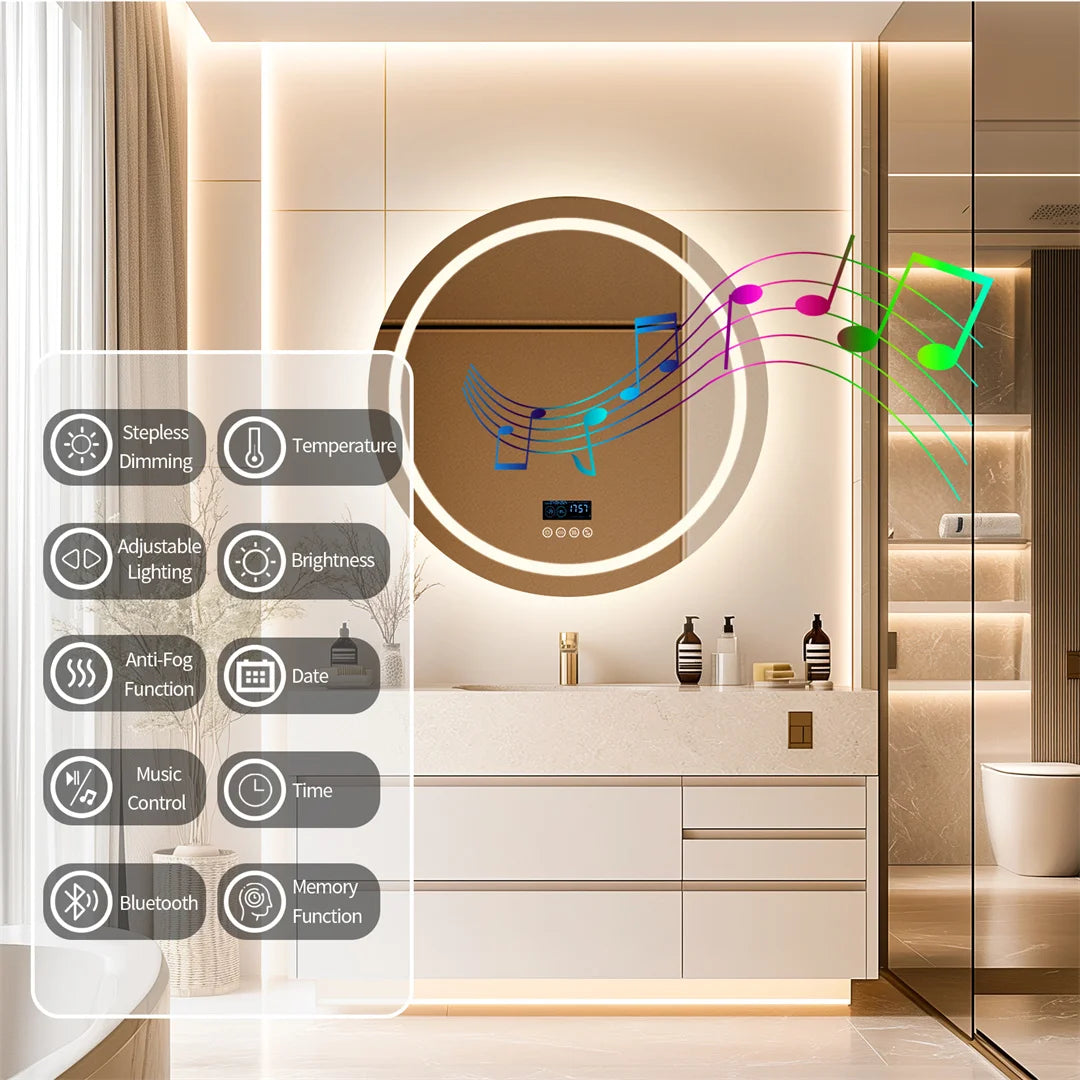 Smart Round Bathroom Mirror with Dual Bluetooth Speakers, Anti-Fog, Time & Temperature Display