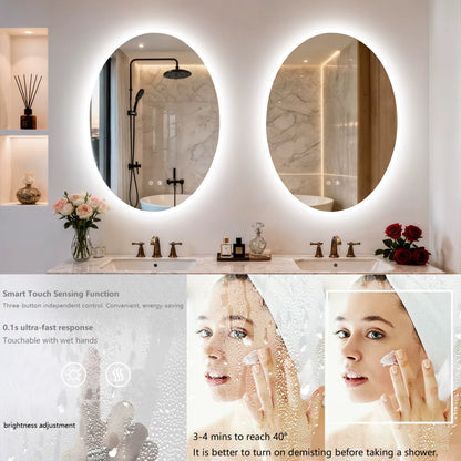Oval LED Backlit Bathroom Mirror with 3 Color Lighting and Anti-fog