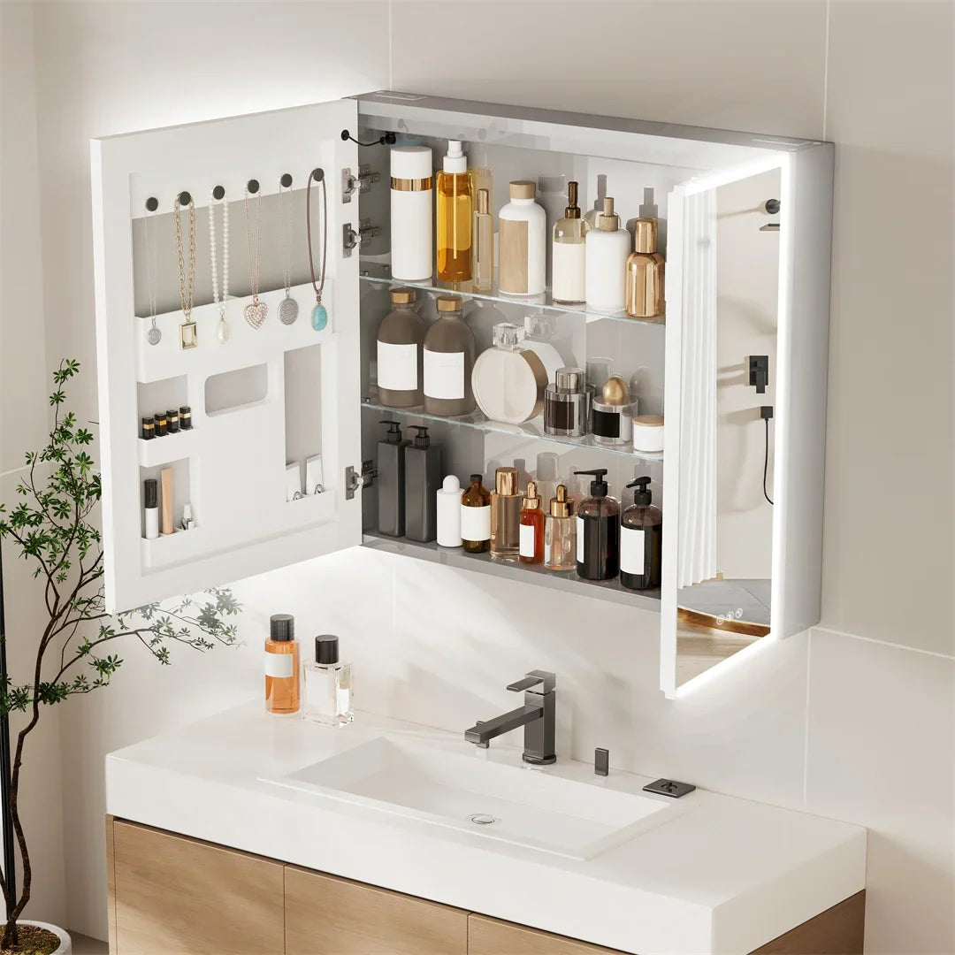 Luxury LED Mirror Cabinet with Dual Bluetooth Speakers & Anti-Fog - open mirror door and shelves