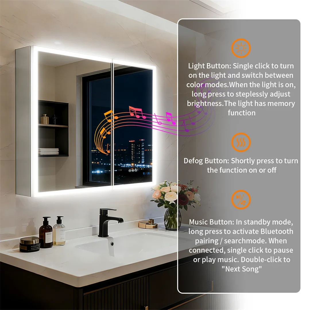 Luxury LED Mirror Cabinet with Dual Bluetooth Speakers & Anti-Fog - lighting controls and Bluetooth functions