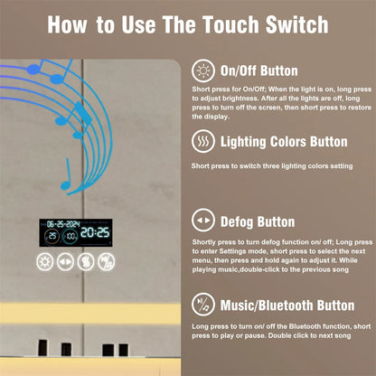 Rectangle Bluetooth Smart Bathroom Mirror  Illuminated Defog with Speakers and Time/Date/Temperature Display