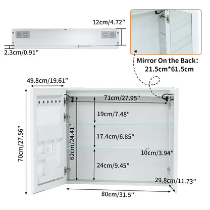 Luxury LED Mirror Cabinet with Dual Bluetooth Speakers & Anti-Fog - mirror door and storage dimensions